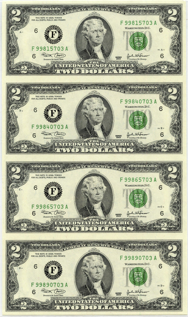 2009 Uncut Sheet of 4 $2 Federal Reserve Notes US Currency