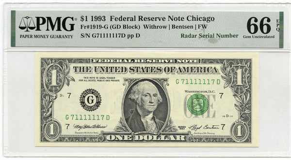 1993 $1 Federal Reserve Note PMG 66 EPQ Radar Serial Chicago Illinois - C256