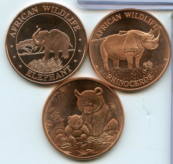 African Wildlife 1 oz Copper Rounds 3-Medal Set - Elephant Rhinoceros Panda Bear