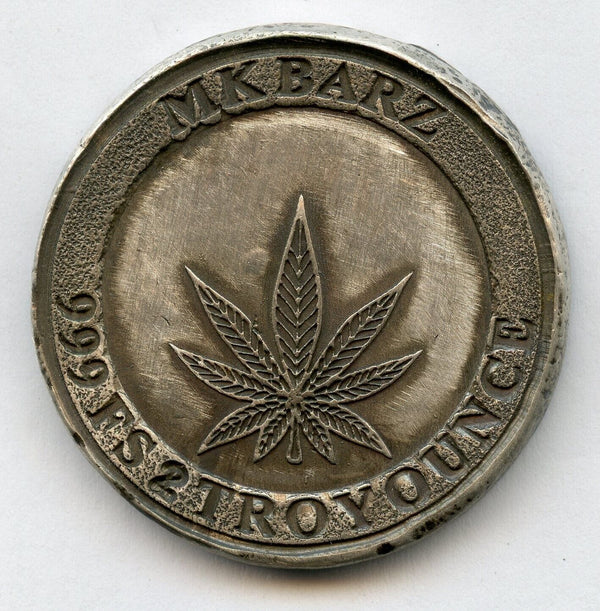 High Life Weed Marijuana 2 Troy Oz .999 Silver Poured Silver Bar MK BarZ - JN497