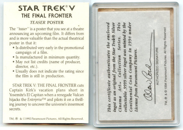 Star Trek V Art 9999 Silver Ingot Medal 1994 Paramount Motion Picture - CC443