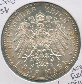 1909- Germany Saxony 500th Anniversary Leipzig Univ Silver 5 Mark Coin  -KR576