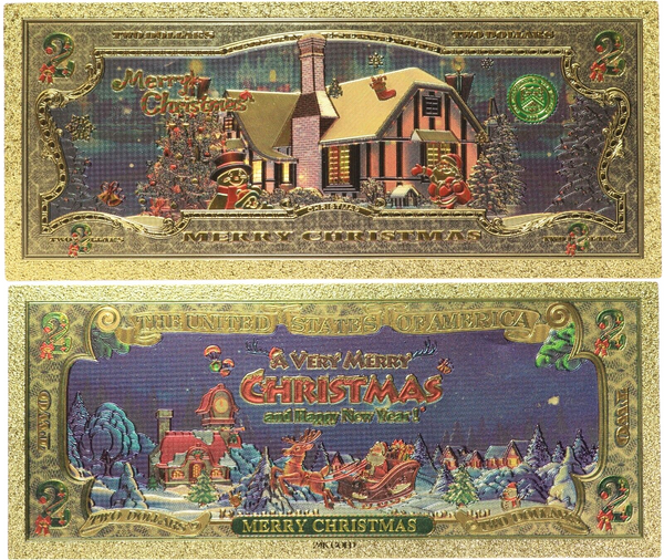 Merry Christmas Currency X-Mas Santa Holidays $2 Gold Foil Note Stocking Stuffer