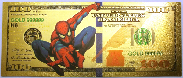 Spiderman Marvel Comic $100 Novelty 24K Gold Foil Plate Note Bill Currency GFN55