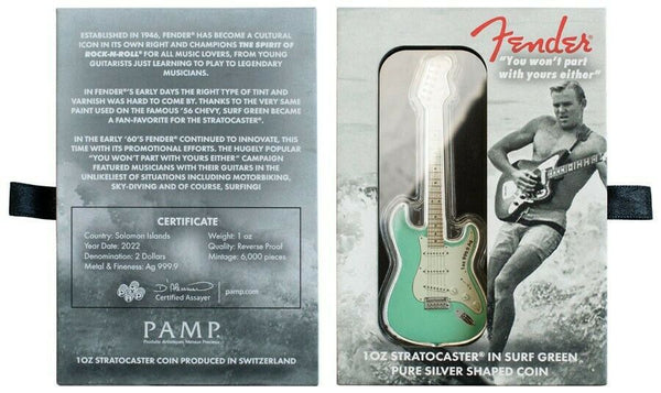 2022 Fender Stratocaster Surf Green 1 oz Silver Guitar Shaped Coin Solomon JN351