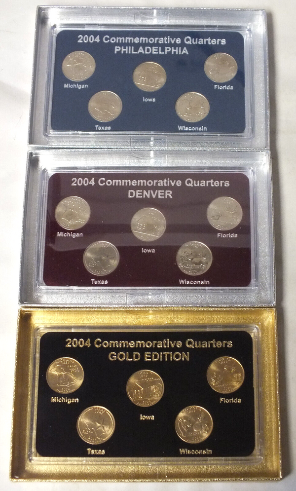 2004 State Quarters (3) Coin Sets - Philadelphia Denver Gold-plated - B488