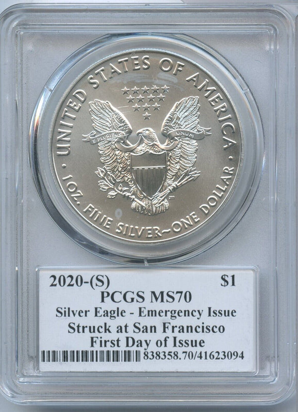 2020 (S) Silver Eagle 1 oz PCGS MS70 Emergency First Day Reagan Signature JN776