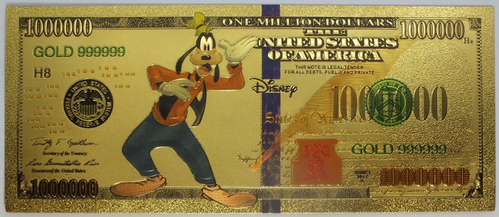 Goofy Goof Walt Disney $1000000 Note Novelty 24K Gold Foil Plated Bill ...
