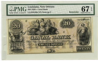 1850's $20 Louisiana New Orleans Canal Bank Remainder PMG 67 EPQ Superb Gem E14