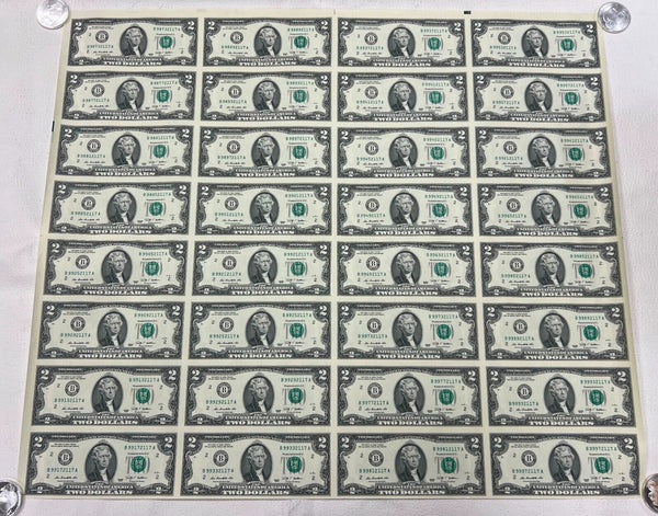2009 $2 Federal Reserve Notes Uncut Sheet Of 32 New York Two Dollars - KR433