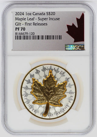 2024 Canada Super Incuse Maple Leaf 1 Oz Silver Gilt NGC PF70 $20 Coin - JP697