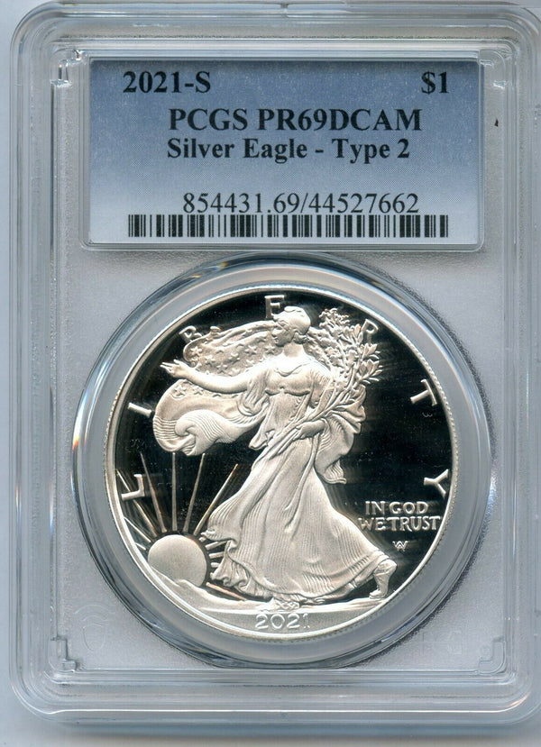 2021-S American Proof Silver Eagle 1 Oz PCGS PR69DCAM Type 2 $1 Coin - JN338