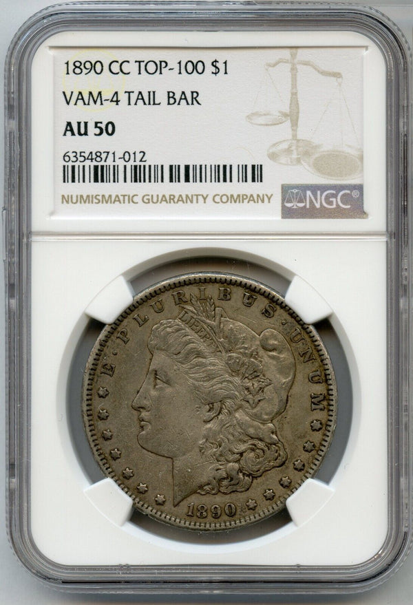 1890-CC Morgan Silver Dollar NGC AU50 VAM-4 Tail Bar Top-100 Coin $1 - JN669