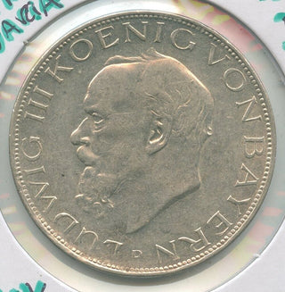 1914-D Germany Bavaria Silver 3 Mark Coin Ludwig III - KR580