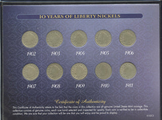 1902-1911 10 Years of Liberty Head V Nickel Coin Set -10 Coins -DM800