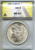 1887 Morgan Silver Dollar ANACS MS63 Certified $1 Philadelphia Mint - A927