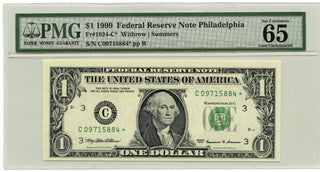 1999 $1 Federal Reserve Star Note Philadelphia PMG 65 Gem Uncirculated - E09