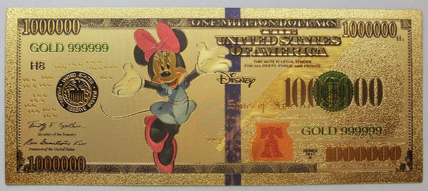Minnie Mouse Walt Disney $1000000 Note Novelty 24K Gold Foil Plated Bill LG690