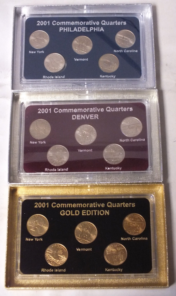 2001 State Quarters (3) Coin Sets - Philadelphia Denver Gold-plated - B487