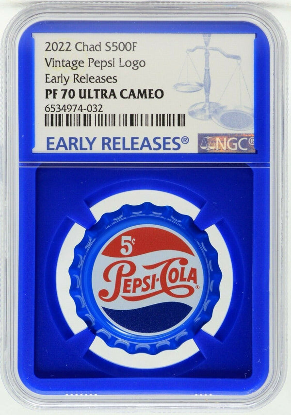 2022 Pepsi Cola Retro Bottle Cap Shaped 6g Silver Coin NGC PF70 Blue Chad JM847