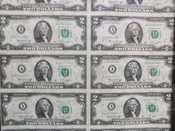 1976 $2 Star Note Uncut Sheet 16 Bills Framed A Boston Federal Reserve BEP LH339