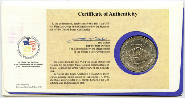 1987 U.S. Constitution Bicentennial Silver Dollar FDC Postal Stamp Cover - G738