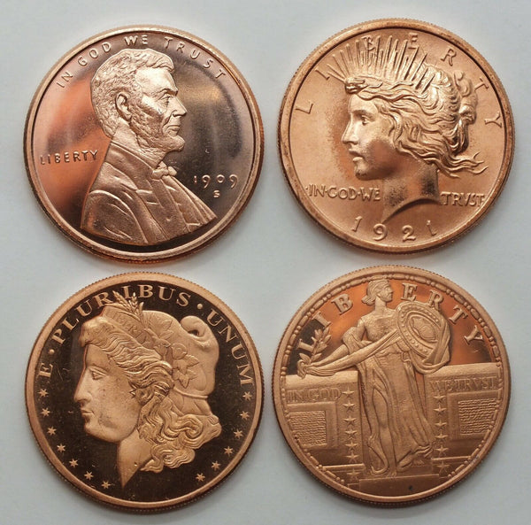 US Coin Type Set Of (4) Copper 1 Oz Medal Rounds (Morgan Peace SLQ Wheat VDB)