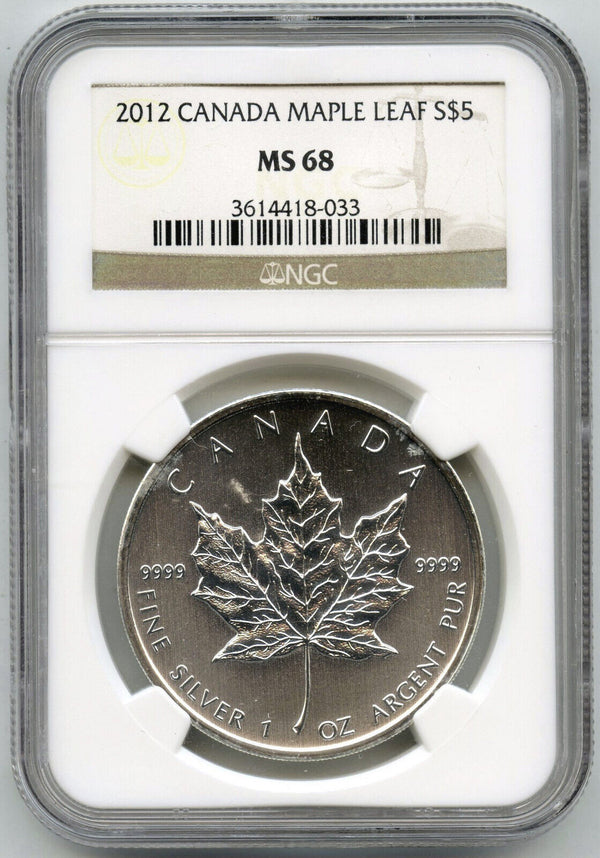2012 Canada Maple Lea $5 Coin 9999 Silver 1 oz NGC MS68 Certified Bullion - G172