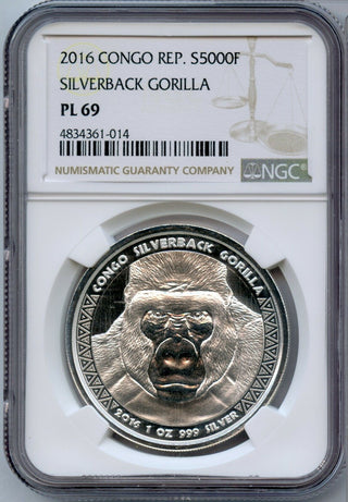2016 Congo Silverback Gorilla 999 Silver 1 oz NGC PL 69 Coin 5000 Francs - JN241