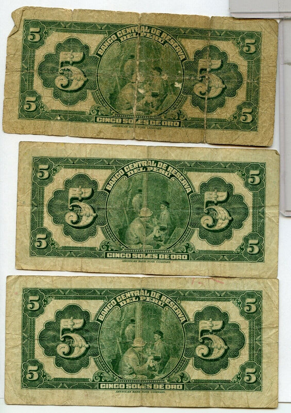 1941 Banco Central De Reserva Del Peru 5 Soles De Oro Currency Notes Lot - RC453