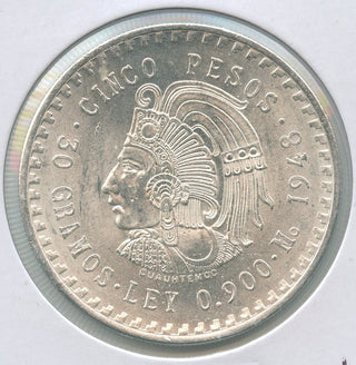 1948 Cuauhtemoc Mexico Silver 5 Pesos Coin -ER639