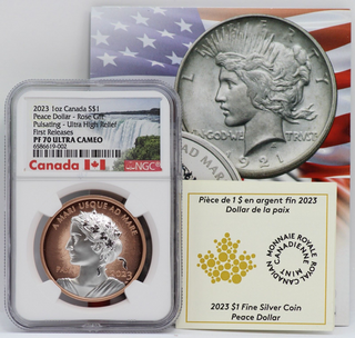 2023 Canada Peace Dollar 1 Oz Silver NGC PF70 Pulsating Rose Gilt $1 Coin JP078