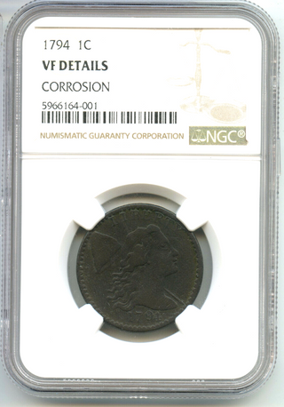1794 Flowing Hair Cent Penny NGC VF Details Corrsion - BR573