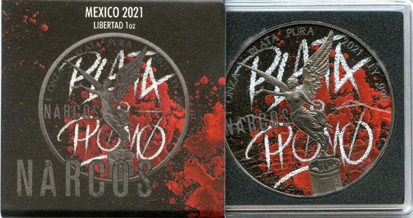 2021 Mexico Libertad 1 Oz Silver Narcos Plata o Plomo Variant Colorized - JN831