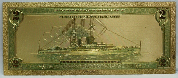 1918 $2 Battleship National Federal Reserve Boston Novelty 24K Gold Note - LG382