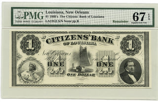 1860's $20 Citizens Bank New Orleans Louisiana PMG 67 Superb EPQ Remainder E15