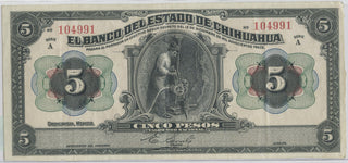 1913 Mexico El Banco Del Estado De Chihuahua Pesos Banknote Currency Note DN654