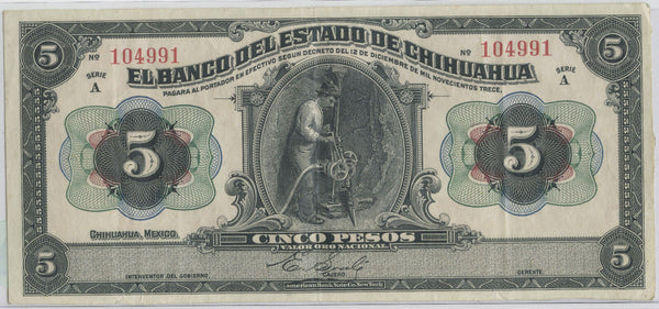 1913 Mexico El Banco Del Estado De Chihuahua Pesos Banknote Currency Note DN654