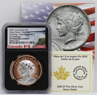 2023 Canada Peace Dollar 1 Oz Silver NGC PF70 Pulsating Rose Gilt $1 Coin JP079