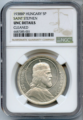 1938-BP Hungary Saint Stephen 5 Pengo Silver Coin NGC UNC Details - JP611