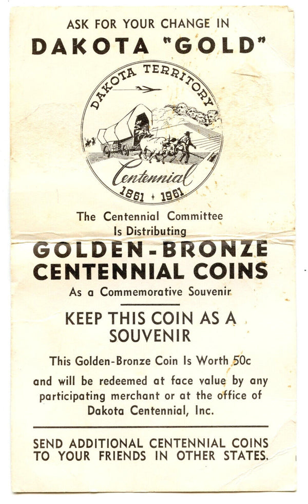 1961 South Dakota Territory Centennial Trade Token Medals 50 Cents - CC856