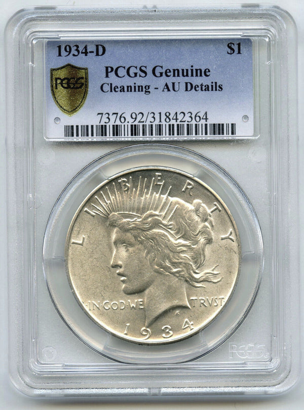 1934-D Peace Silver Dollar PCGS Genuine AU Details Cleaning - Denver Mint - B532