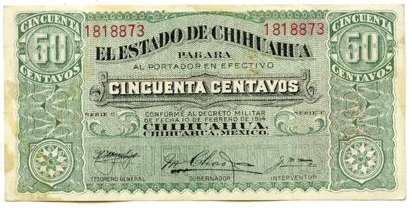 1914 Mexico Chihuahua Currency Note 50 Cincuenta Centavos Mexican Banknote A403