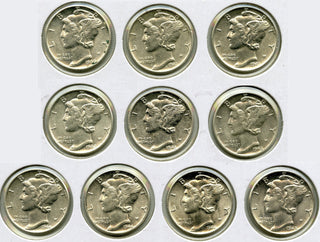Mercury Silver Dime Lot of (10) Coins 1940 - 1945 Unc / AU Collection - G455