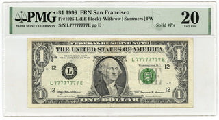 1999 $1 Federal Reserve Note PMG Very Fine 20 Serial Solid 7s San Francisco C261