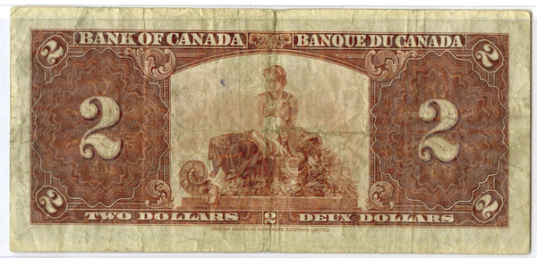 1937 Bank of Canada 2 Dollars Deux Dollars Banknote -DM321