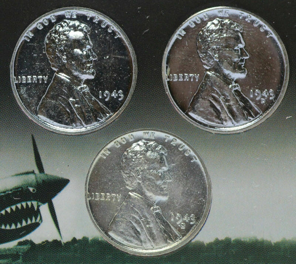 1943 Lincoln Steel Cent Penny Set PDS Mint WW2 Warhawk Fighter Plane World War