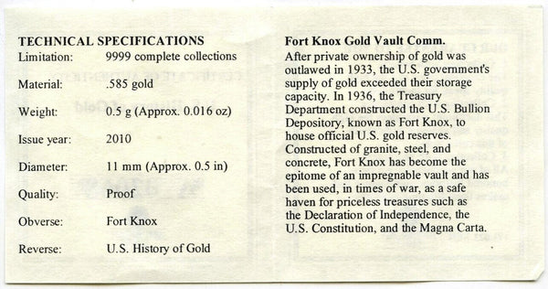Fort Knox 2010 History of Gold 14k Medal Proof Mini Round - American Mint - G331