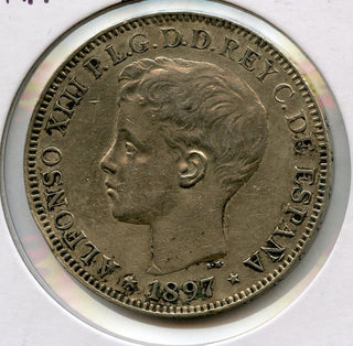 1897 Philippines Un Peso Silver Coin Alfonso XIII Filipinas - JN840