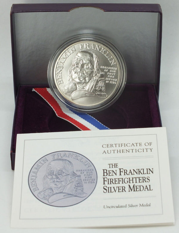1992-P  Ben Franklin Firefighters Silver Medal 1 oz 999 Silver UNC COA OGP LH012